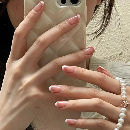 French Square Press-On Nails | Nude Pink & Glitter 24pc Set Press-On False Nails Peaceful Pleasures Health and Wellness