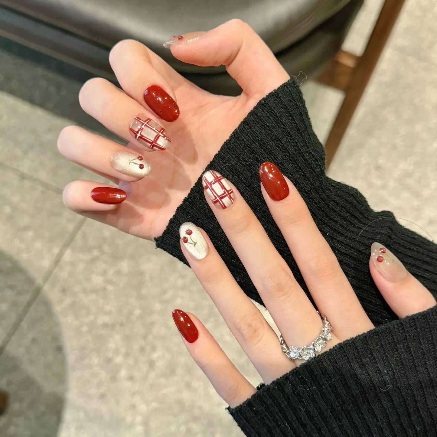 Handmade Red Cherry Glitter Cat Eye Press-On Nails | Short Round Press-On Nails Peaceful Pleasures Health and Wellness L