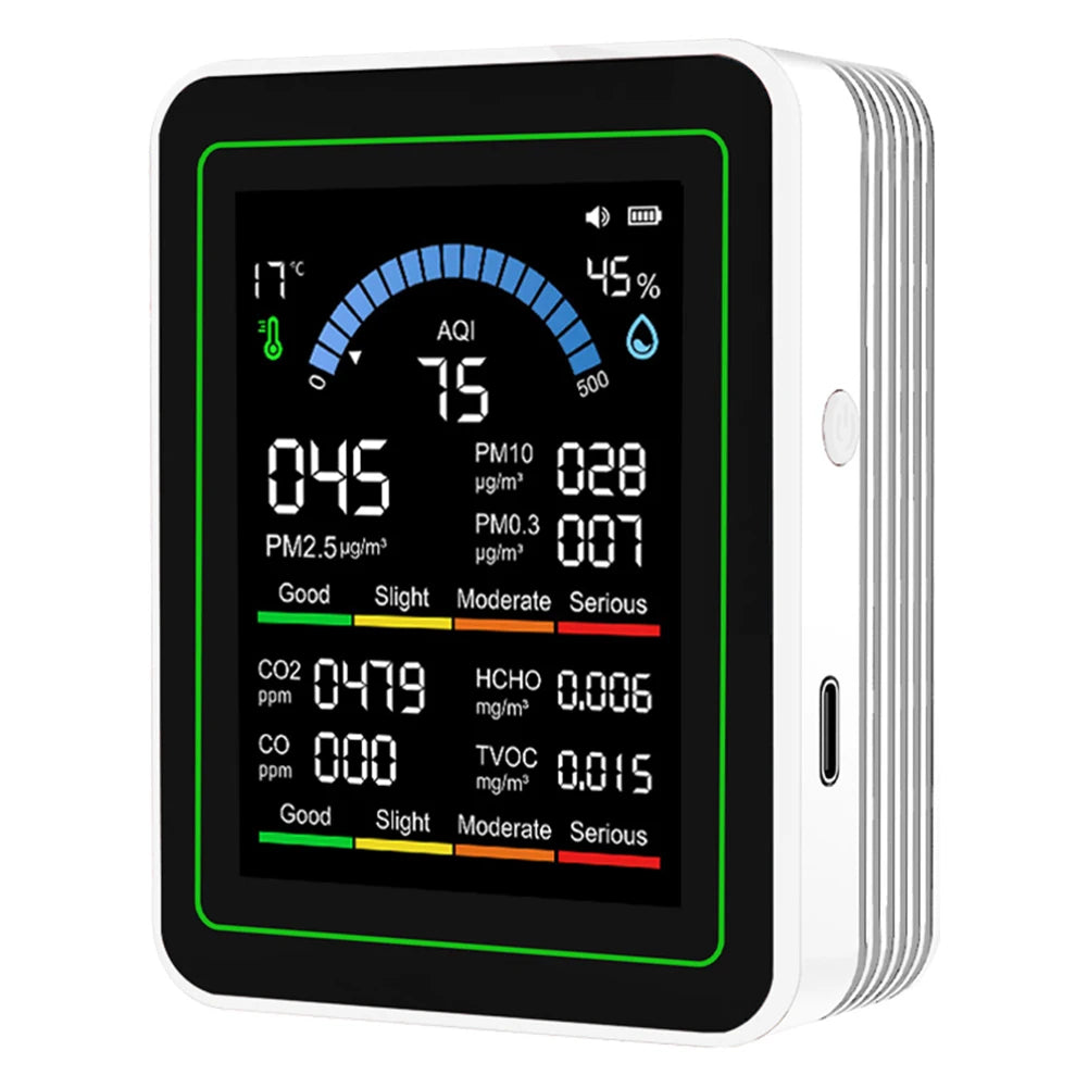10-in-1 Air Quality Monitor | CO2, AQI, TVOC, Temp & Humidity