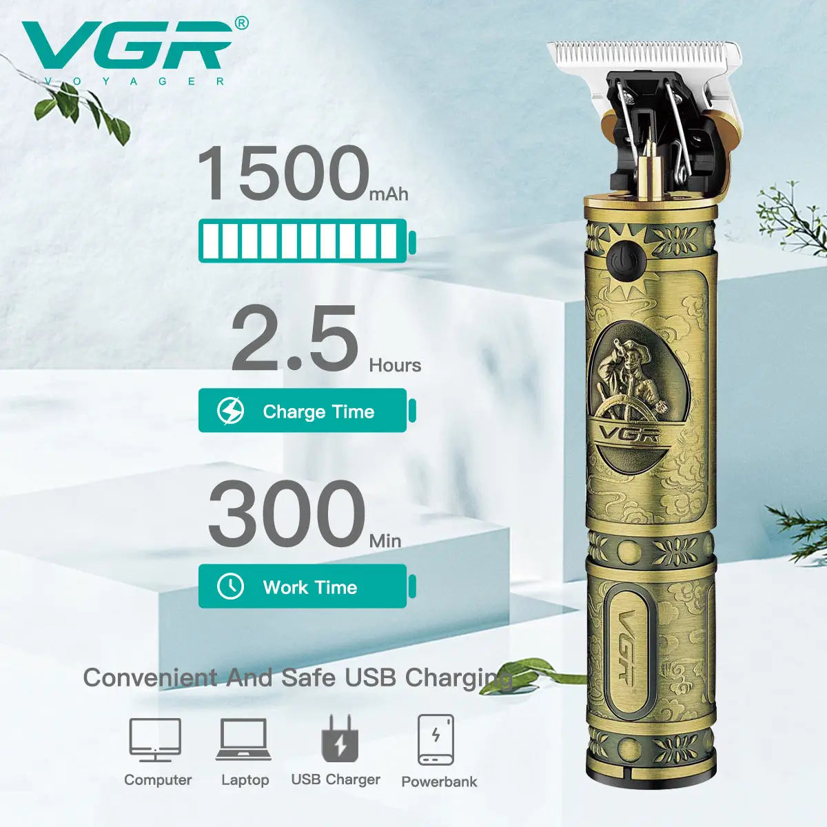 VGR 085 Hair Clipper Professional Rechargeable Personal Care Vintage Engraving Scissors T9 Trimmer USB Reduction Barber VGR Peaceful Pleasures Health and Wellness