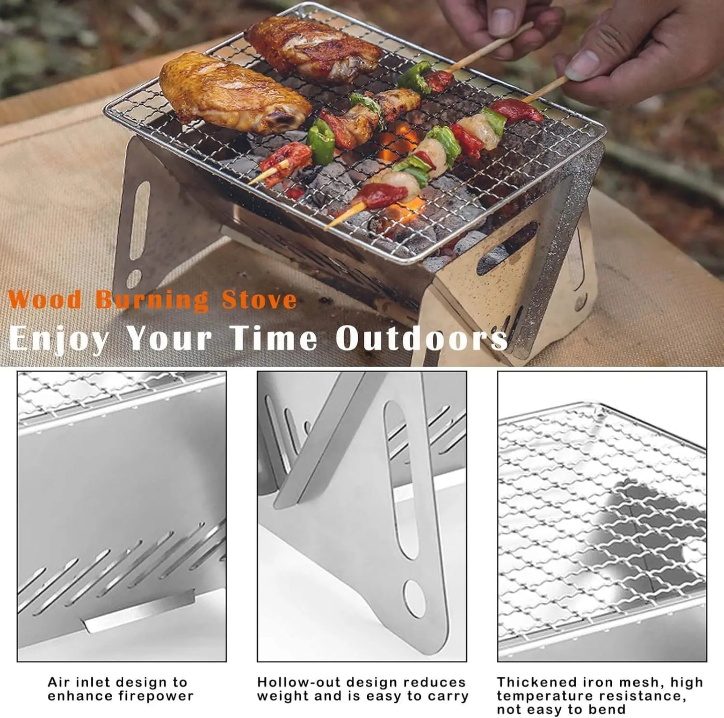 Backpacking Stove Folding Stainless Steel Charcoal Grill BBQ Wood Burning Camp Stove for Hiking Picnic Garden Backyard Cooking Peaceful Pleasures Health and Wellness