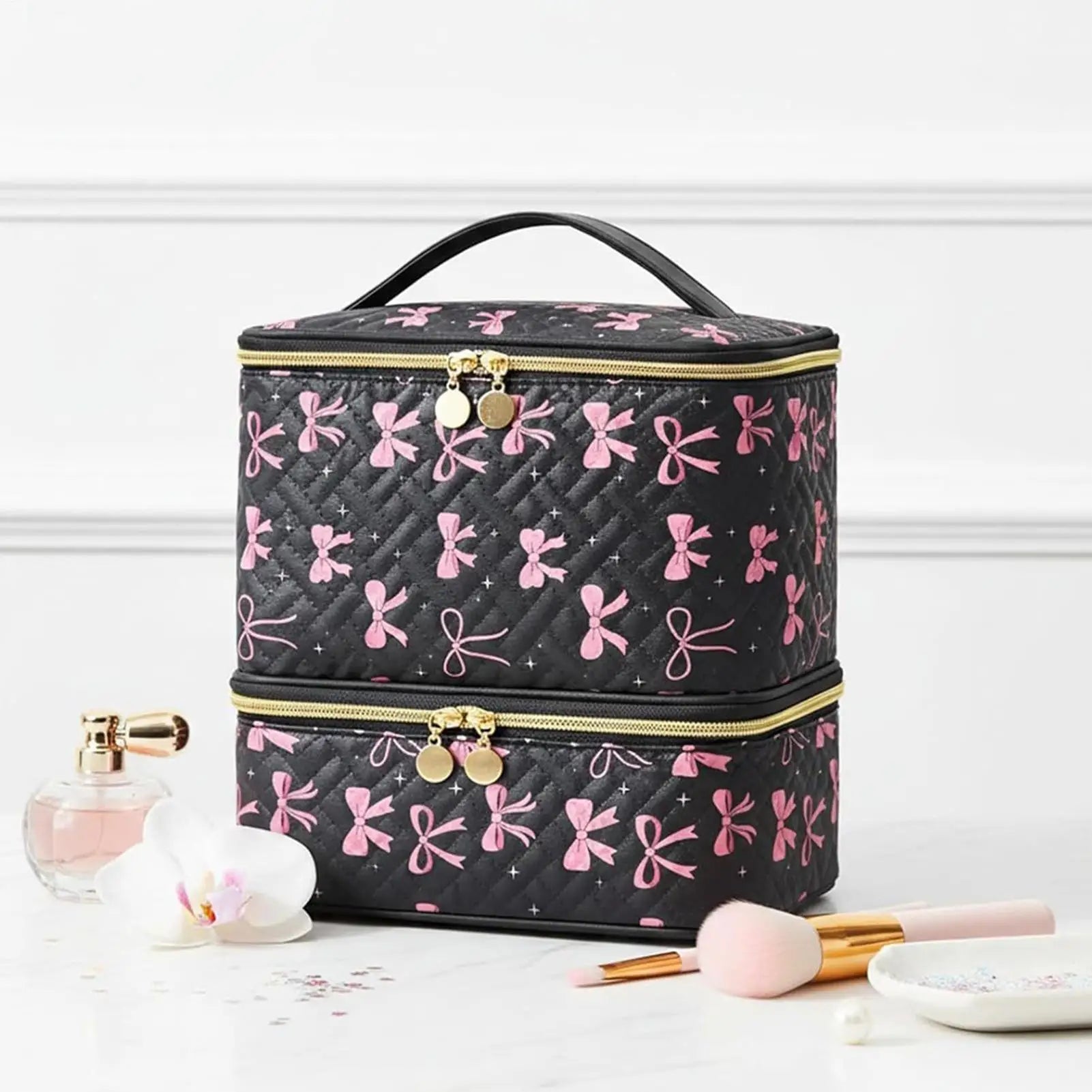 Nail Manicure Organizer Case with Black Bow | Travel Storage Nail Tool Organizer Peaceful Pleasures Health and Wellness