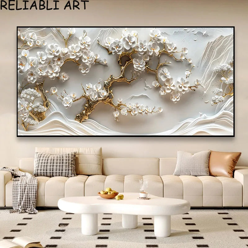 3D Golden White Flower Tree Poster and Prints Light Luxury Canvas Painting Wall Art Pictures for Living Room Home Decor No Frame Peaceful Pleasures Health and Wellness
