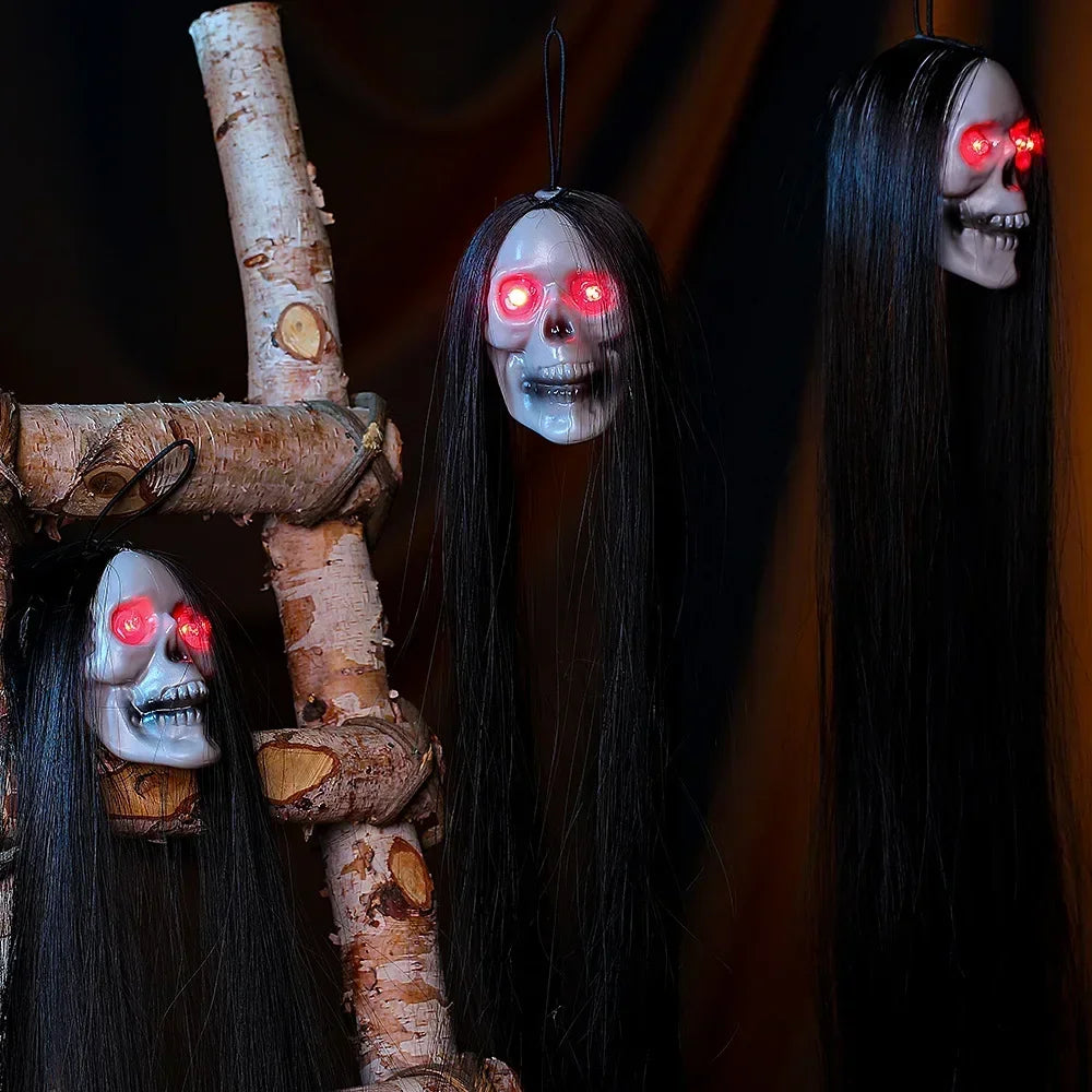 Halloween Hanging Ghost Skull – Glowing Eyes & Long Hair Decor