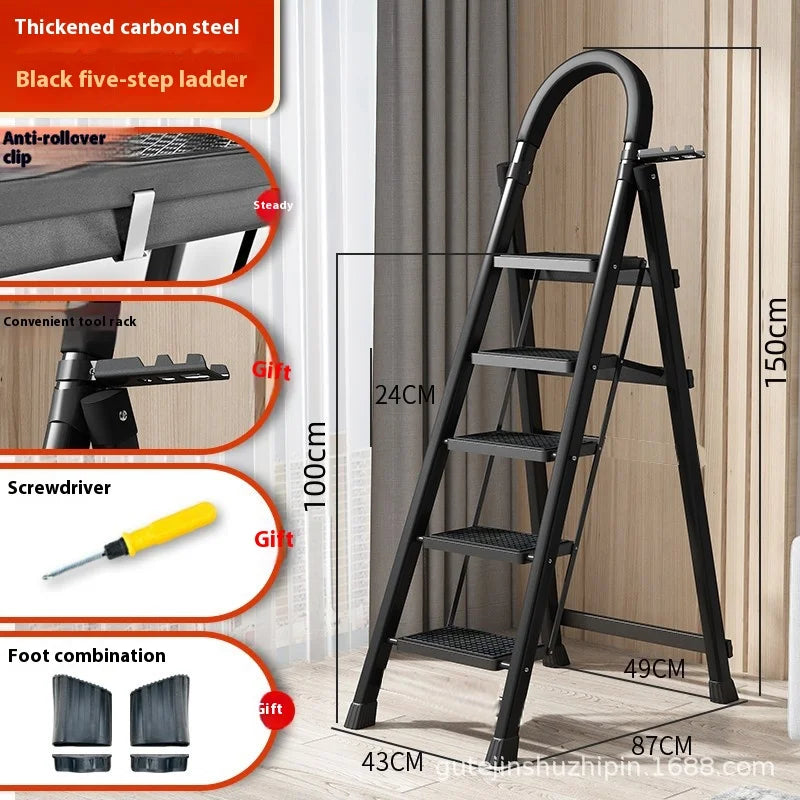 Adjustable Zigzag Folding Ladder 3 4 5 6 Step Thickened Carbon Steel Engineering Ladder Stable Climbing Tool for Home And Garden Peaceful Pleasures Health and Wellness 5 layers Black