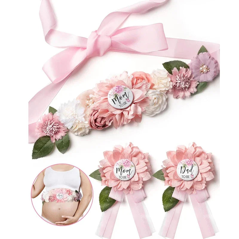 Flower Sash Set-Baby Shower Mom to Be Daddy to Be Corsage Pin- Belt for Maternity Dress Photo Props حزام Пояс Cinturón Ceinture Peaceful Pleasures Health and Wellness