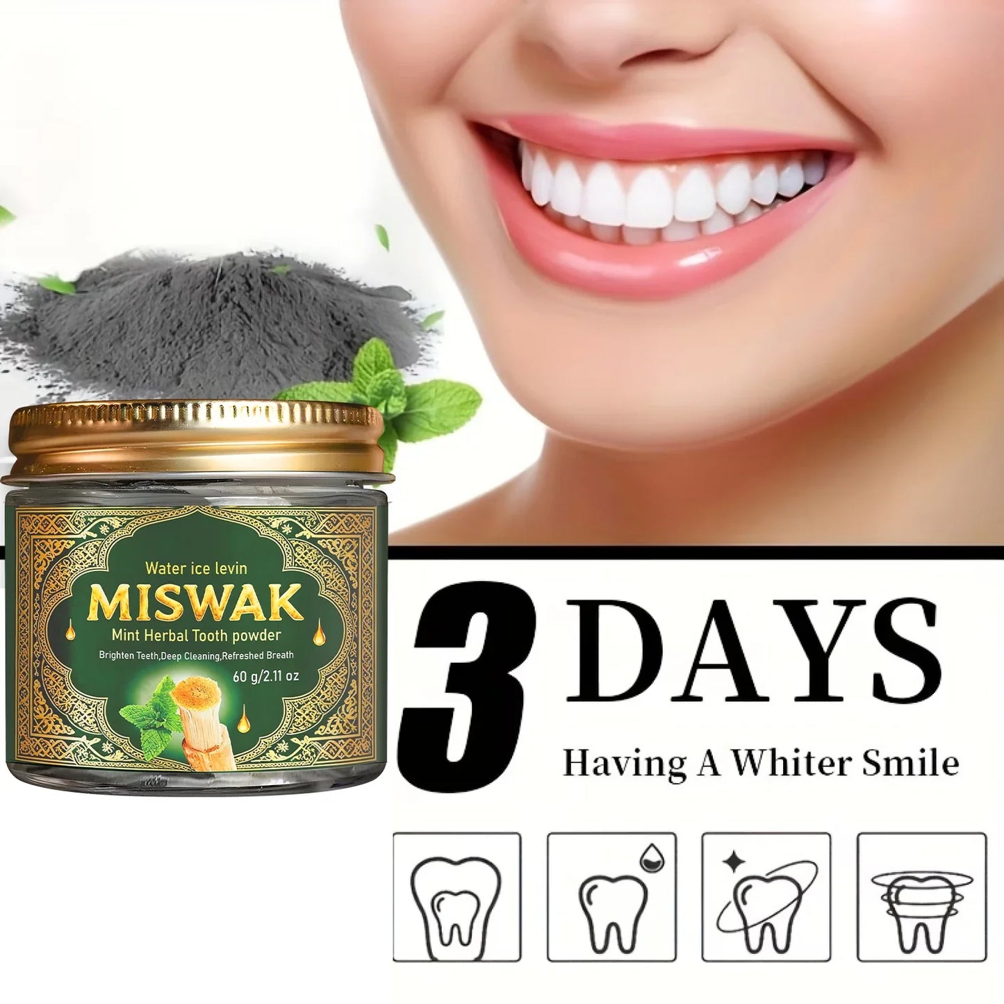 MISWAK Mint Herbal Tooth Powder | Charcoal & Hyaluronic Acid