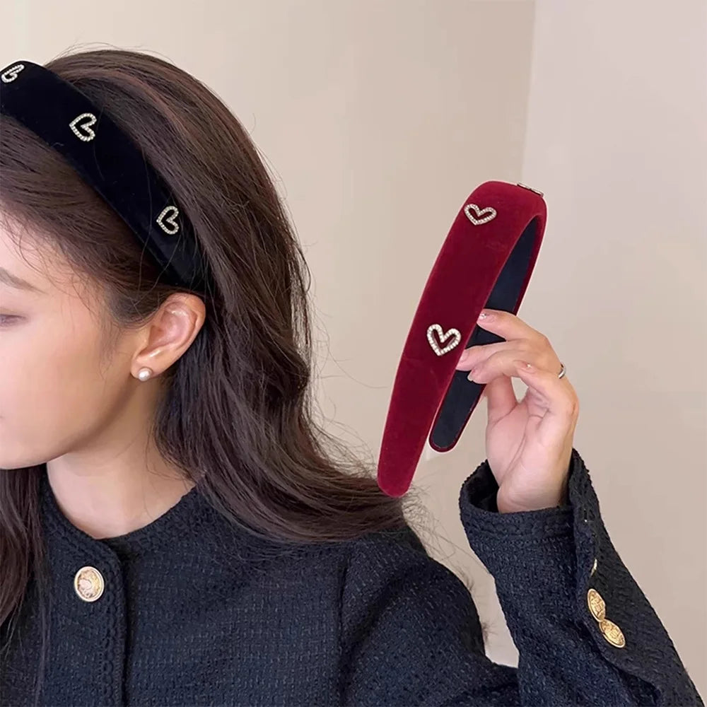 Fashion Lady Hair Hoop Velvet Heart Shape Rhinestone Headband Female