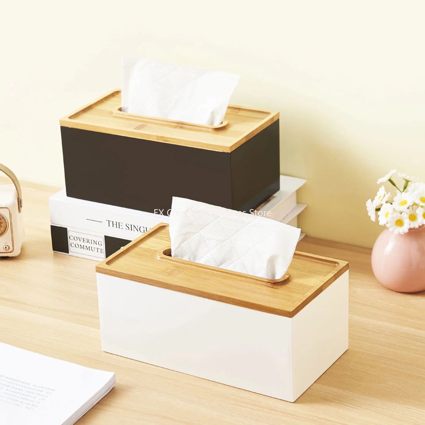 Japanese Style Bamboo Lid Tissue Box Holder - Plastic Desktop Organizer for Living Room, Bathroom, Office, Kitchen Storage Peaceful Pleasures Health and Wellness