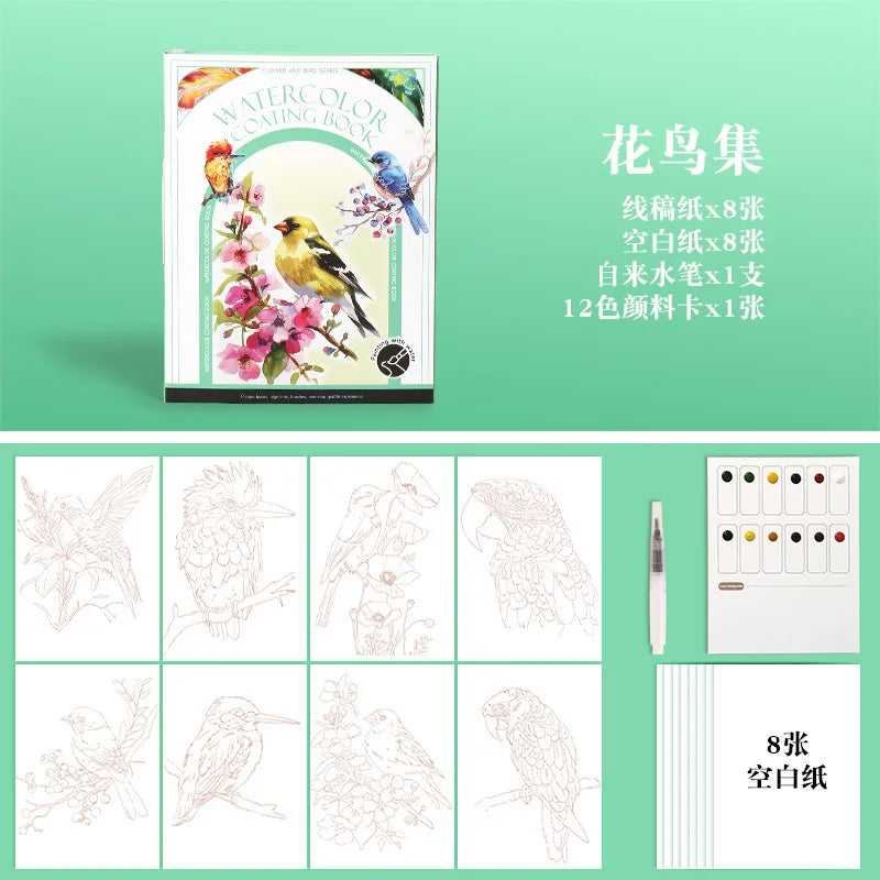 Bview Art Travel Watercolor Painting Tri-fold Book Built-in 12 Colors