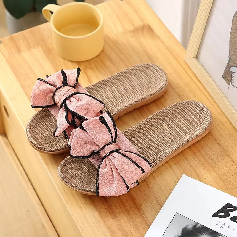 Women's Linen Bow Slides – Summer Indoor Slippers & Sandals