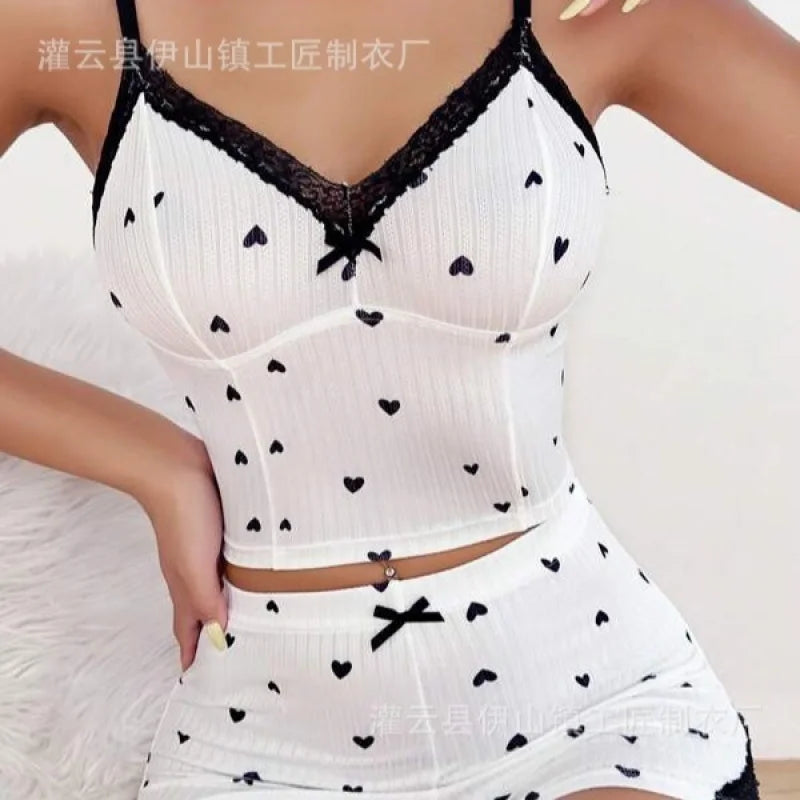 Cross-border casual lace trim bowknot suspender shorts women's thin home wear set European and American new style Peaceful Pleasures Health and Wellness