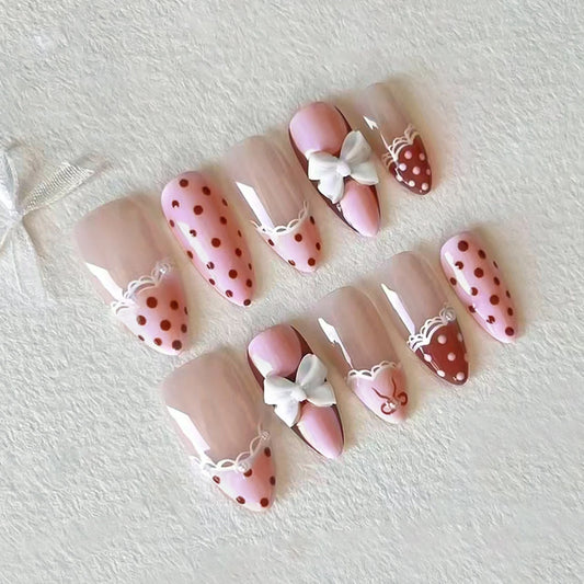 French Press-On Nails 3D Bow Lace Polka Dot Almond 24pcs Press-On Nail Set Peaceful Pleasures Health and Wellness