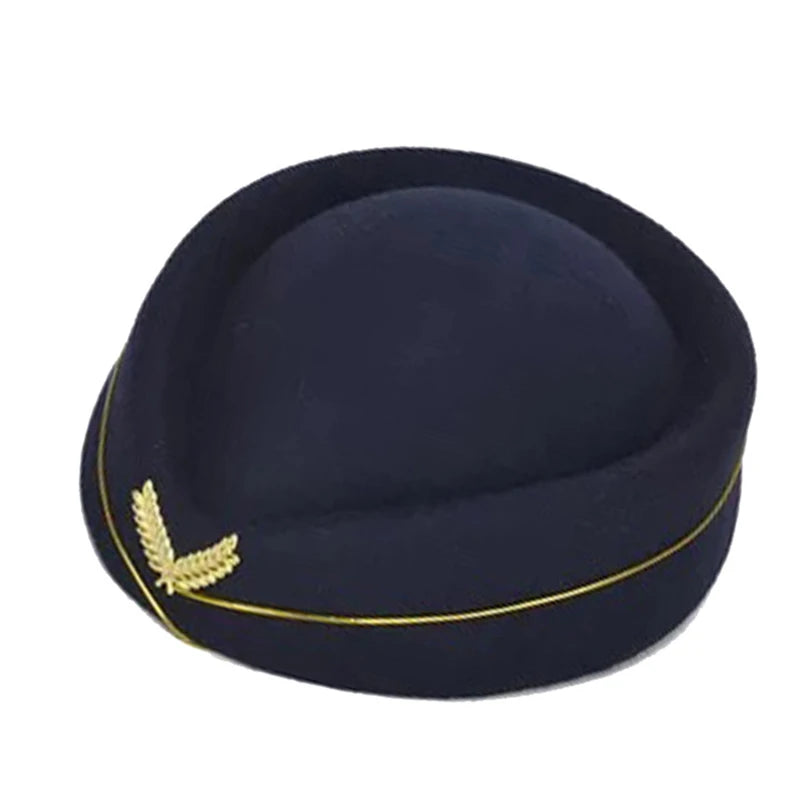 Flight Attendant Hat Woolen Beret Women British Performance Hotel Reception Korean Version Fashion Elegant Top Hats Band Hat Peaceful Pleasures Health and Wellness Dark blue