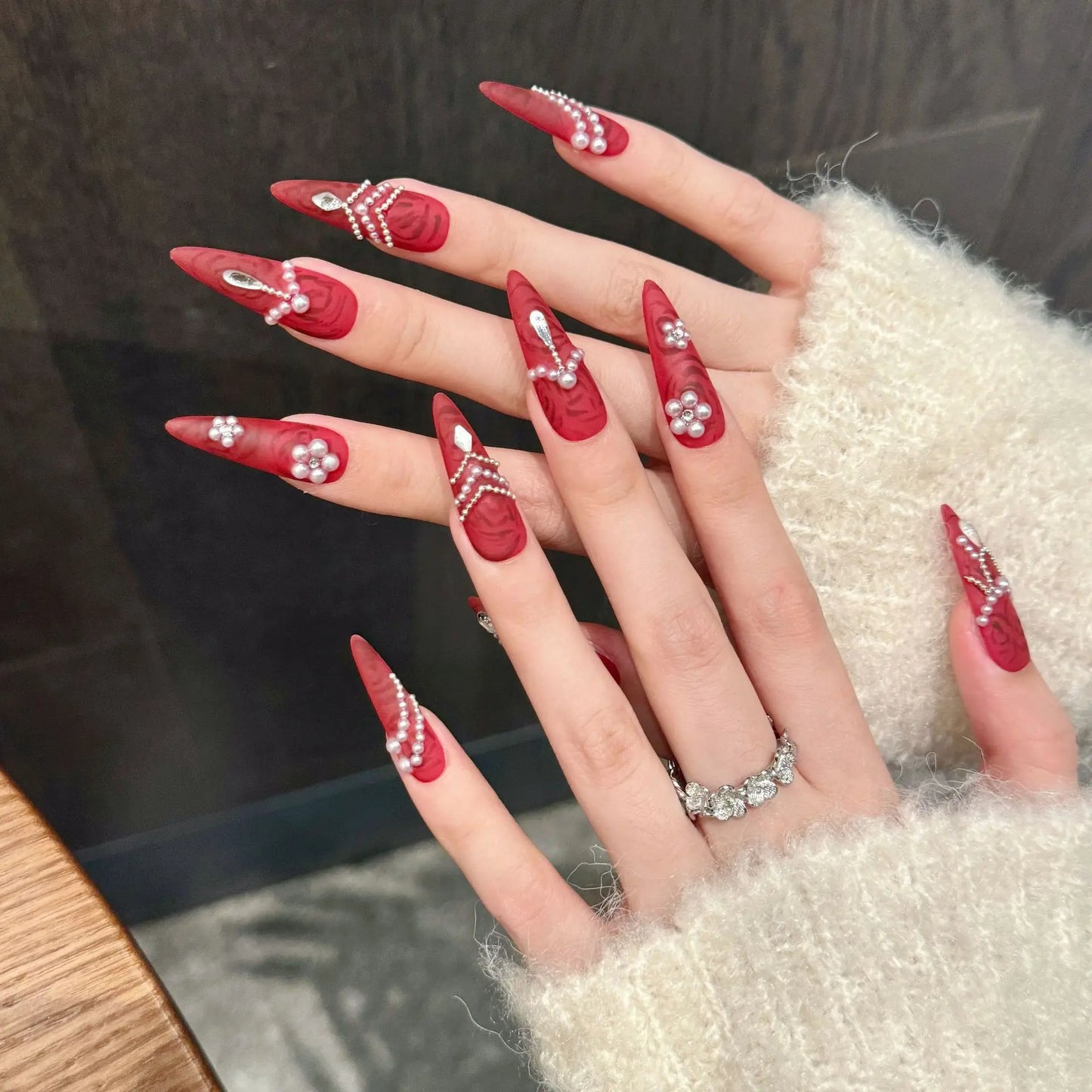 Matte Red Pearl Press-On Nails | Long Almond Wedding Nails
