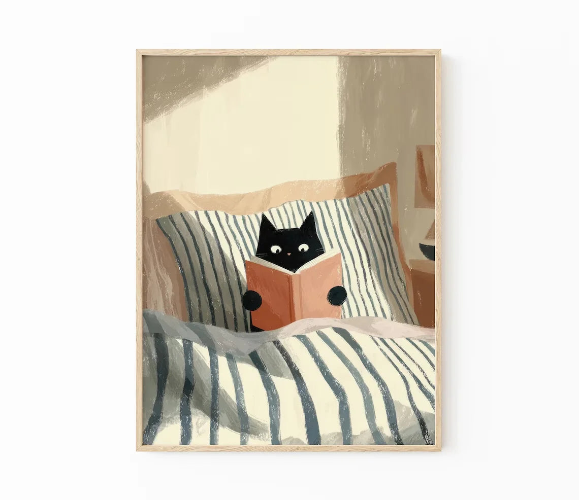 Black Cat Reading Canvas Print | Book Lover Wall Art Canvas Wall Print Peaceful Pleasures Health and Wellness TR12185-2 50x70cm Unframed