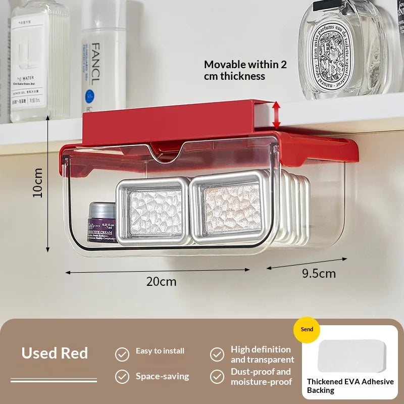 Space Saving Under Mirror Cabinet Drawer Organizer Transparent Storage Box for Bathroom Cosmetics Cotton Pads Lipstick Swabs Peaceful Pleasures Health and Wellness L Red