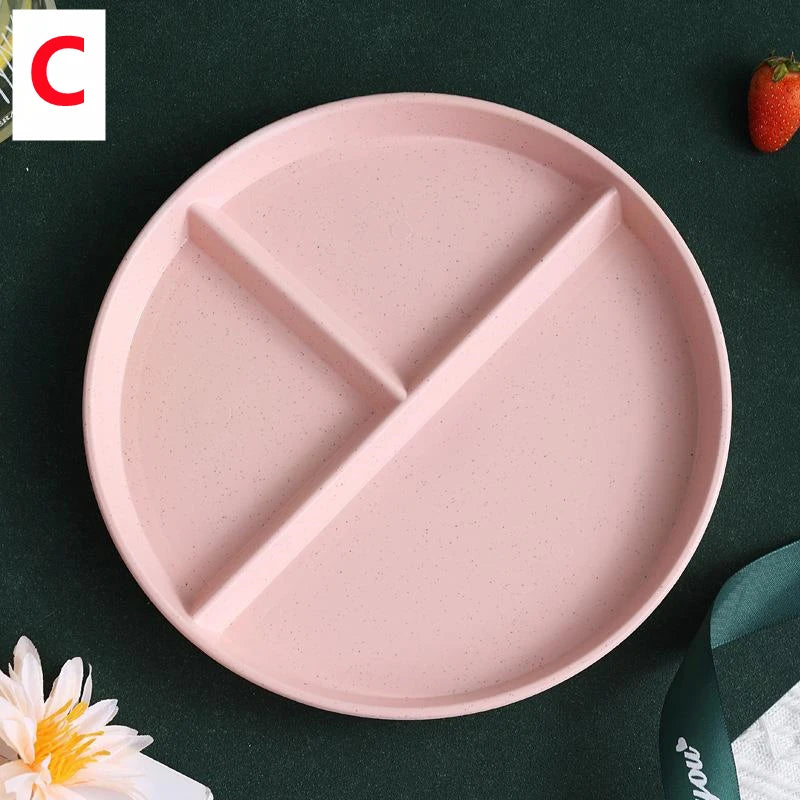 Three-Grid Eco-Friendly Wheat Straw Divided Plate Fruit Salad Food Tray Dinner Plate Compartment Plate Kitchen Dinnerware Plates Peaceful Pleasures Health and Wellness C 22cm