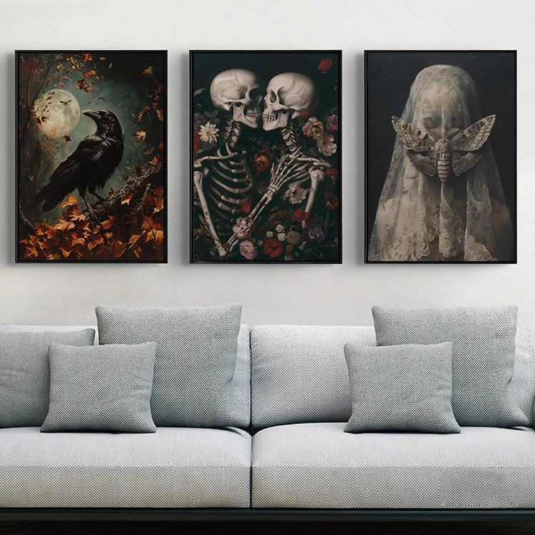 Dark Moody Victorian Witch Canvas Wall Art | Raven Skull Print