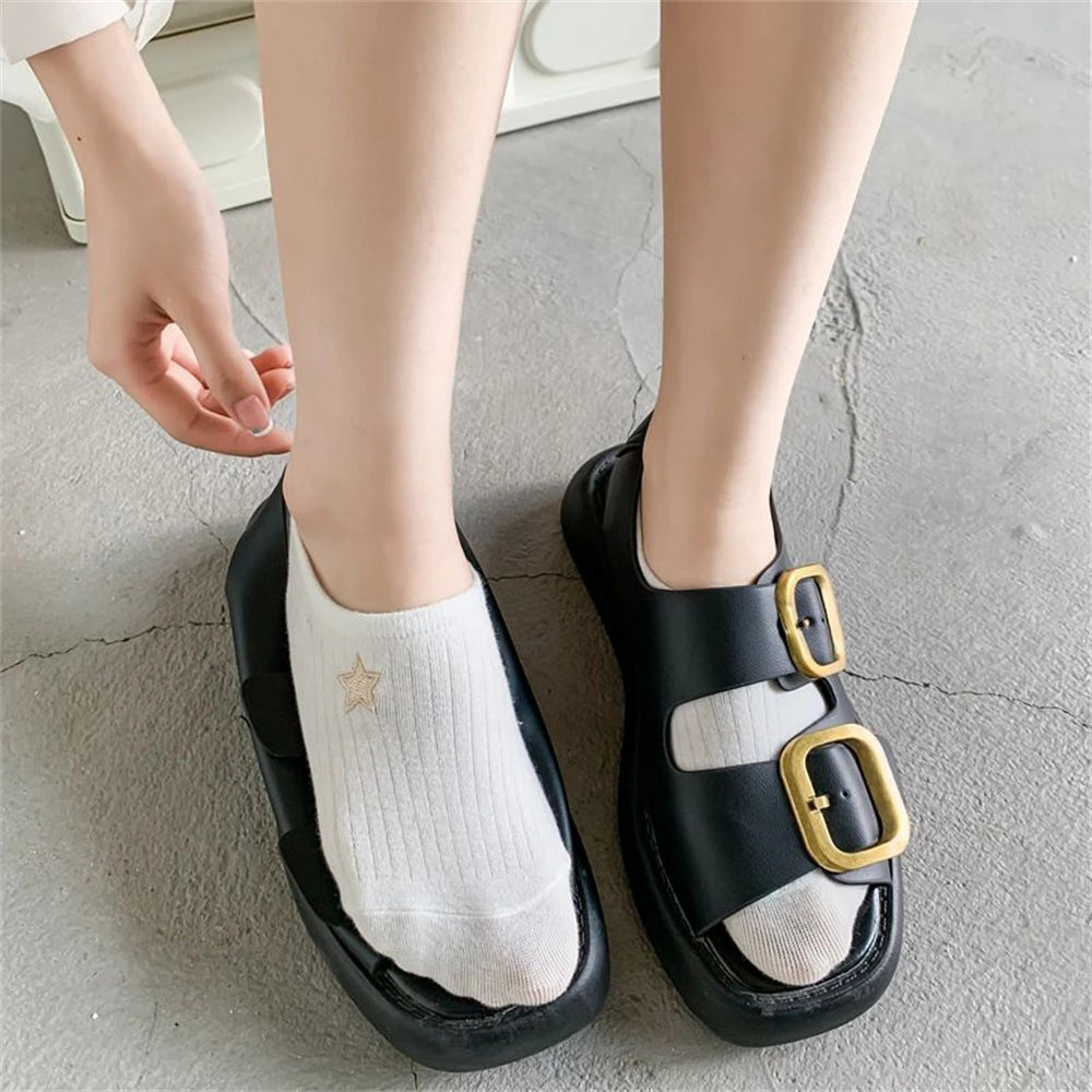 New Womens' Embroidered Bear Flower Strar Moon Squirrel White Cotton Fashion Summer No Show Invisible Socks Slippers Dropship Peaceful Pleasures Health and Wellness