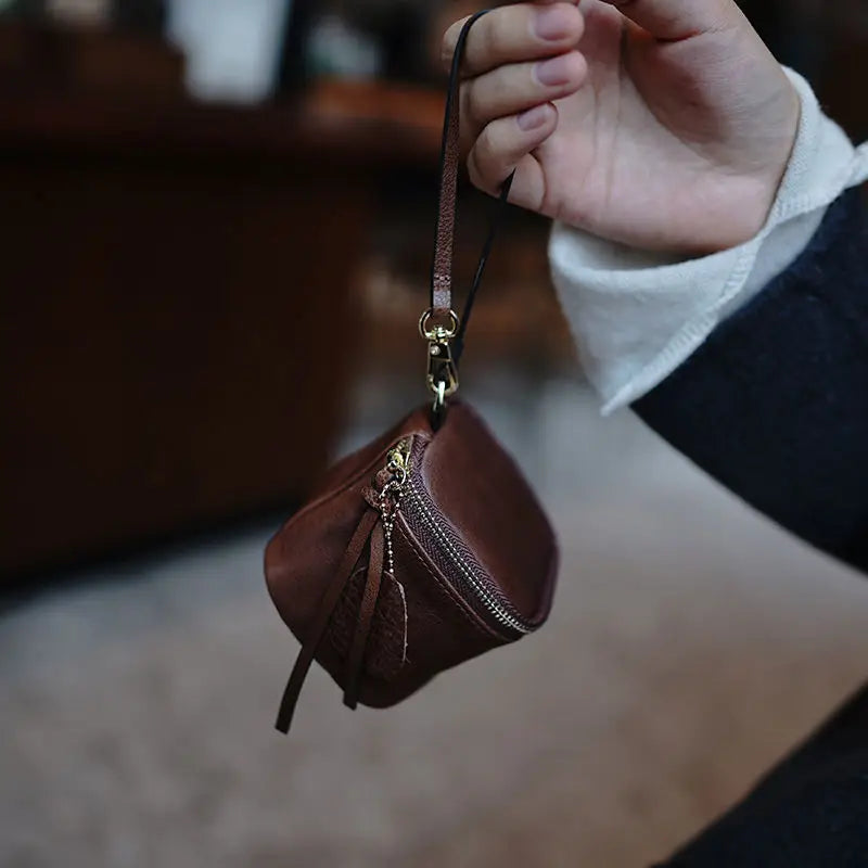 Leather Square Storage Bag Portable Hanging Zero Wallet Mini Makeup Bag Coin Holder Headphone Organizer Travel Essential Peaceful Pleasures Health and Wellness Chocolate