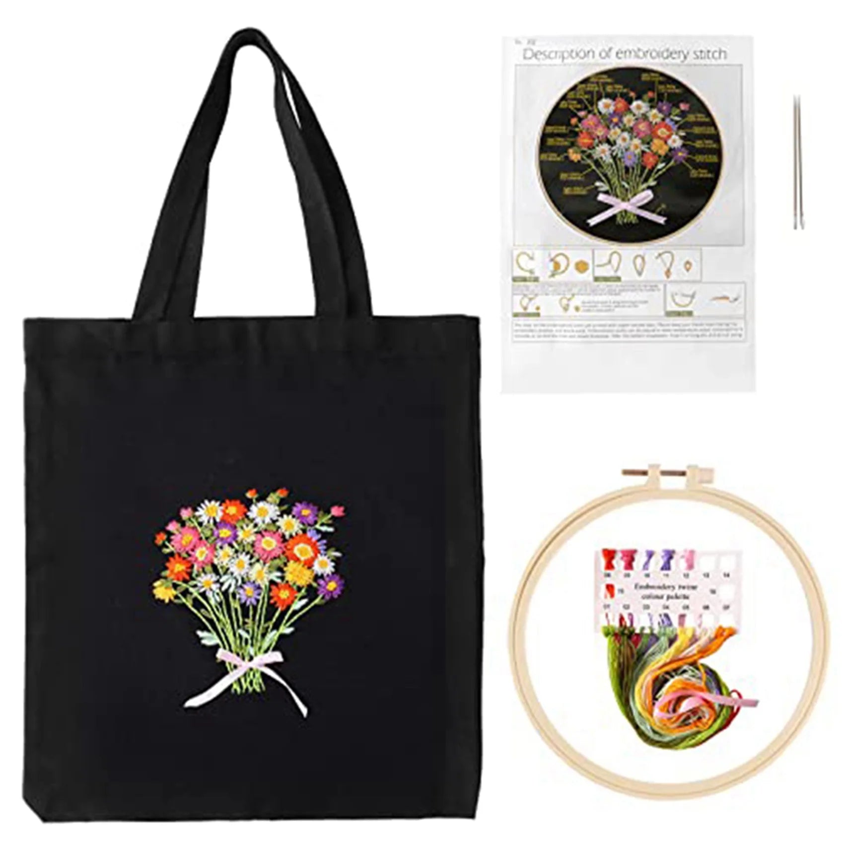 A36T-Embroidery Starter Kit For Beginners With 2 Canvas Tote Bag 2 Embroidery Hoop Thread And Needle-A Peaceful Pleasures Health and Wellness