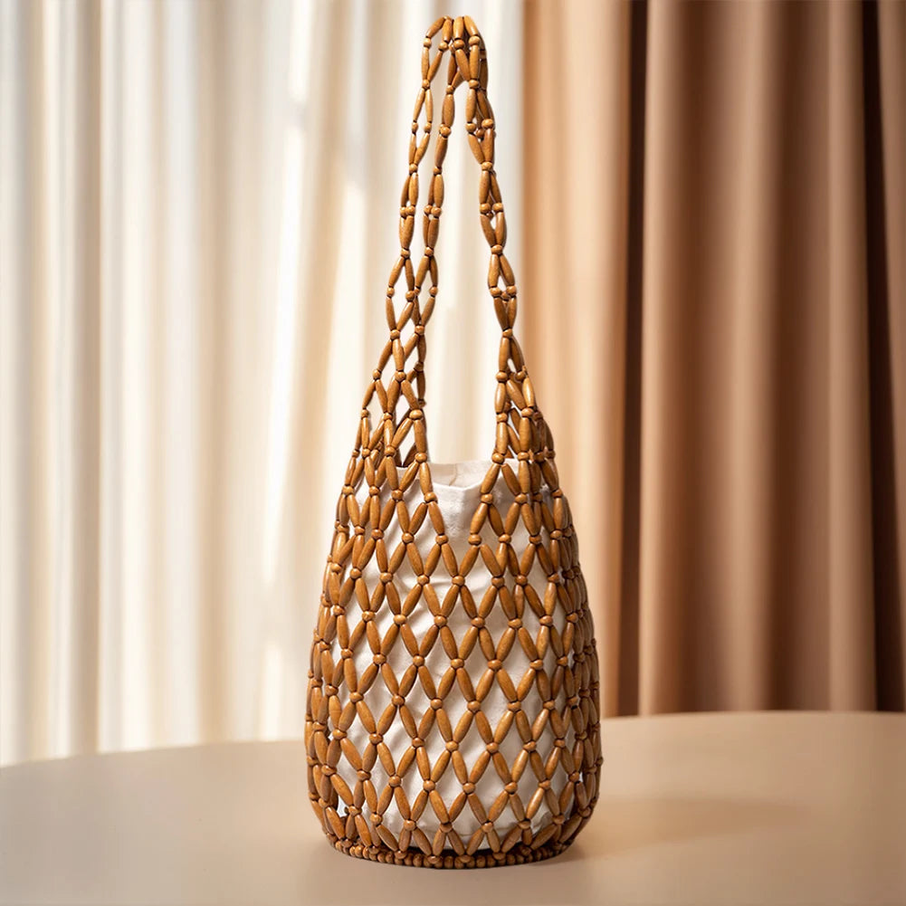 Handmade Wooden Bead Woven Bucket Bag for Women Peaceful Pleasures Health and Wellness Brown Australia