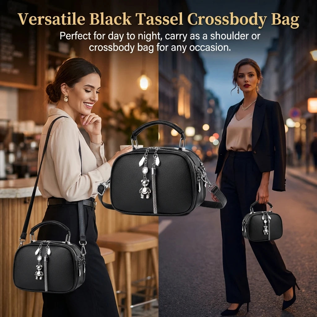 Women's Fringe Decor Small Round Bag Shoulder Crossbody Two-Way Fashion Design Synthetic Leather Peaceful Pleasures Health and Wellness