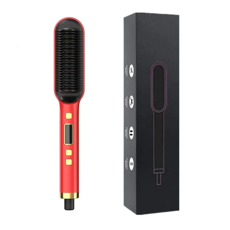 Hair Straightener Brush Anti-Scald Ionic Hair Straightener Comb LED Screen Fast Heating Straightening Brush Women Hairstyle Tool Peaceful Pleasures Health and Wellness Red AU