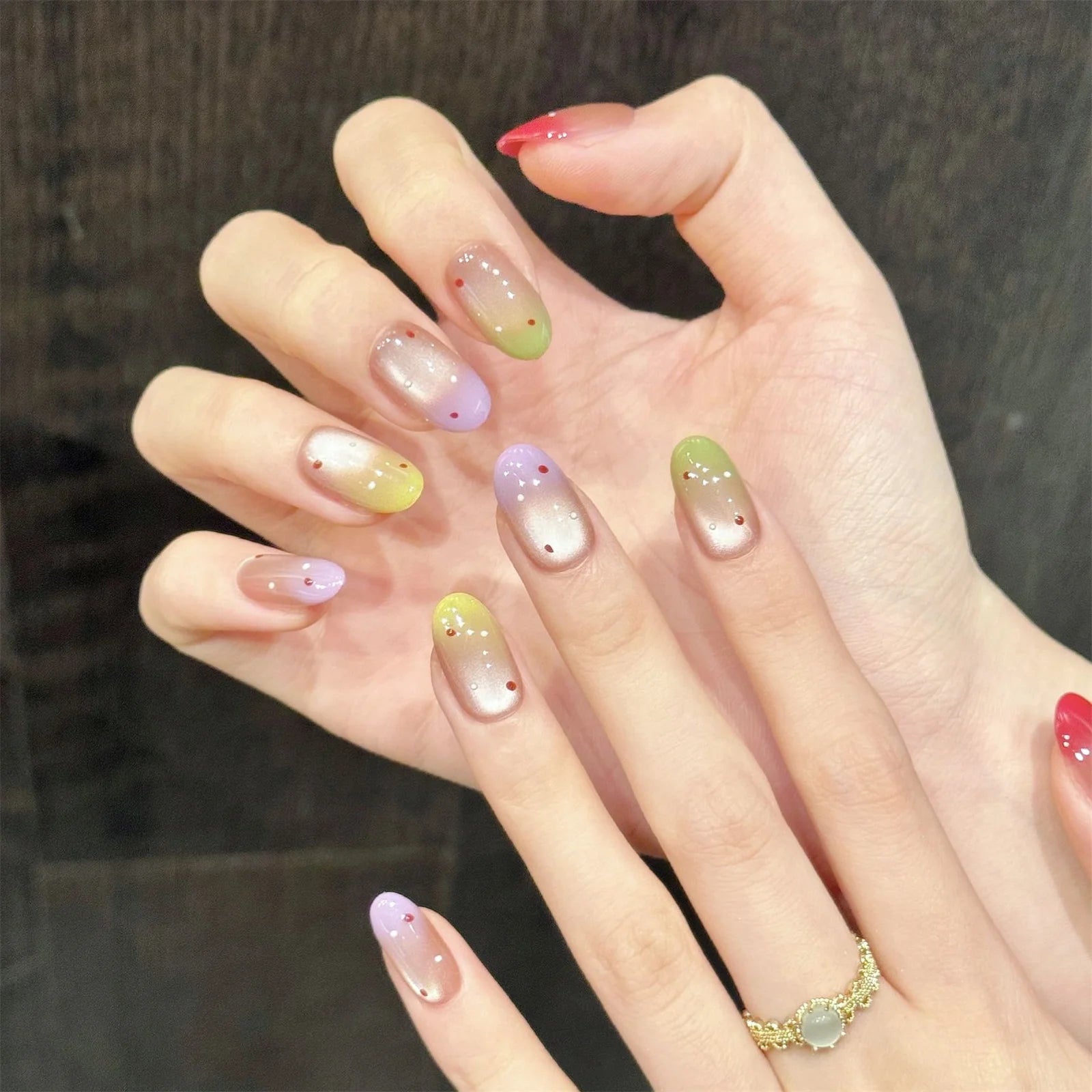 10pcs Handmade Press On Nails Rainbow Gradient Cat Eyes False Nails Short Oval Diy Manicure Nail Art Polka Dot Design For Women Peaceful Pleasures Health and Wellness Xs