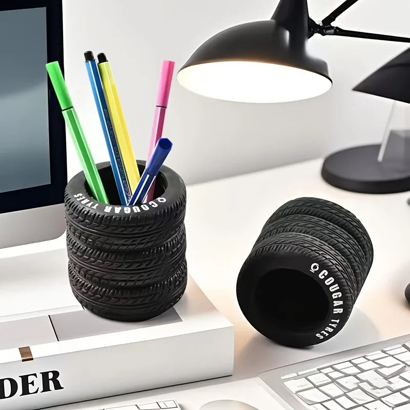 Tire-Shaped Pen Holder | PVC Desk Organizer for Office & School