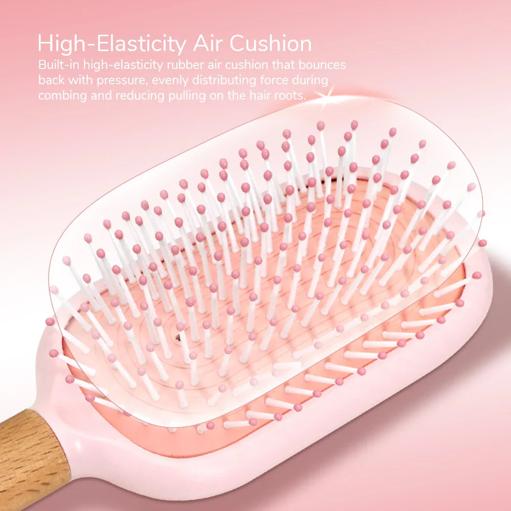 Pastel Air Cushion Hair Brush – Oak Wood Handle & Soft Bristles