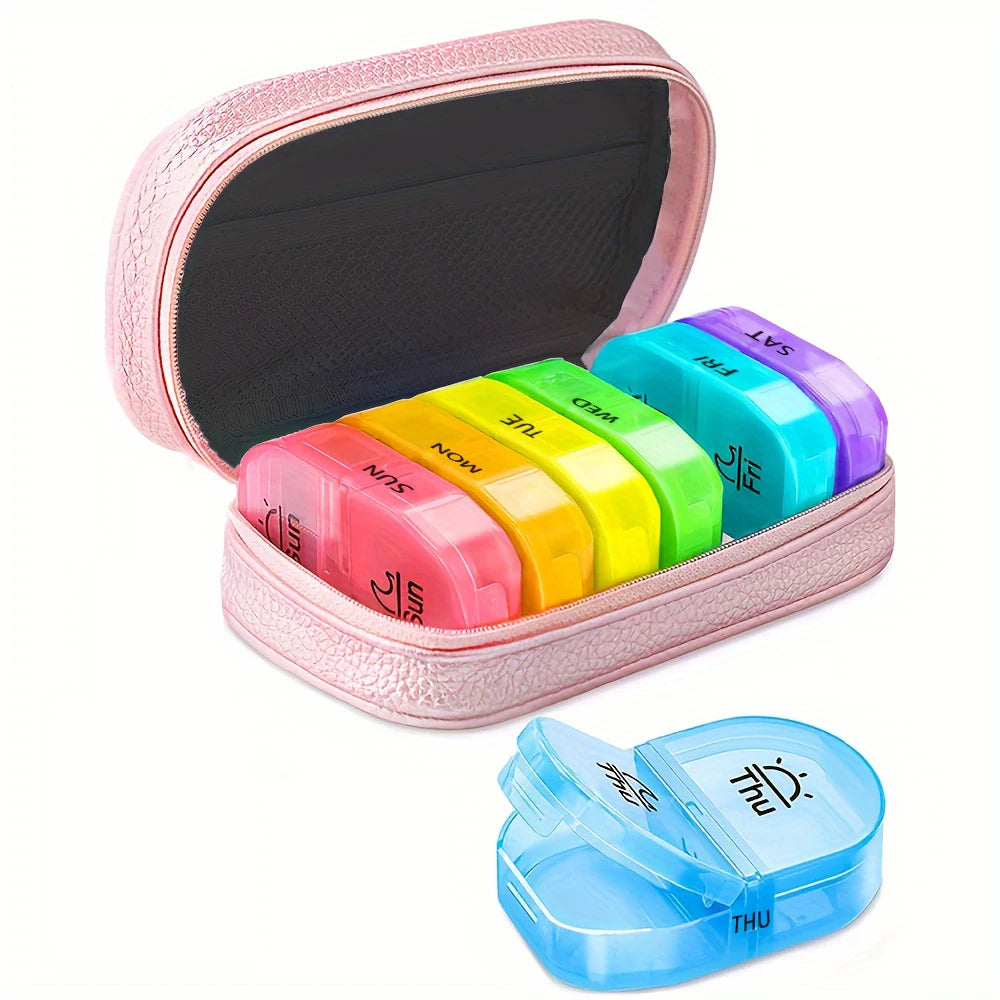 Cute Pill Organizer 2 Times a Day, PU Leather Pill Case, Portable Weekly Pill Box for Purse with Storage Bag to Hold Peaceful Pleasures Health and Wellness