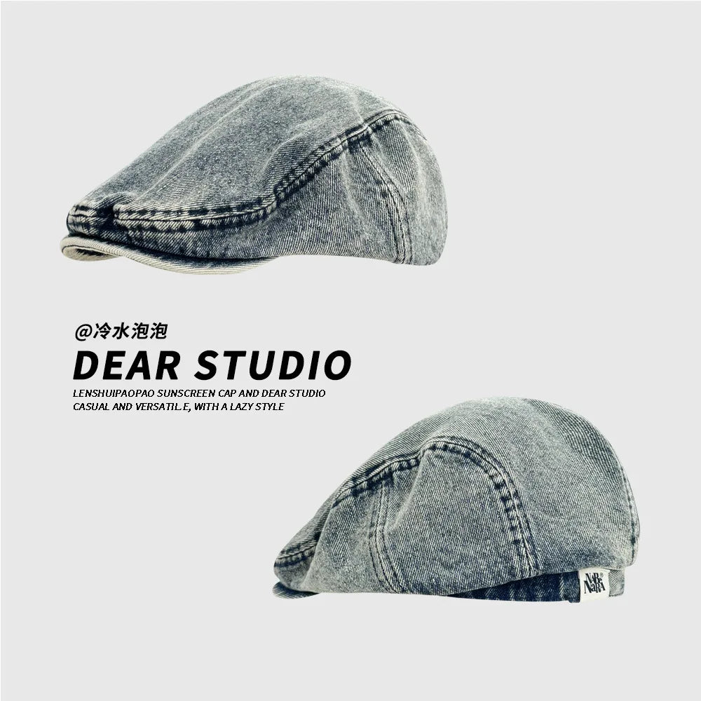 Women's Retro Washed Denim Beret | Cotton Forward Hat