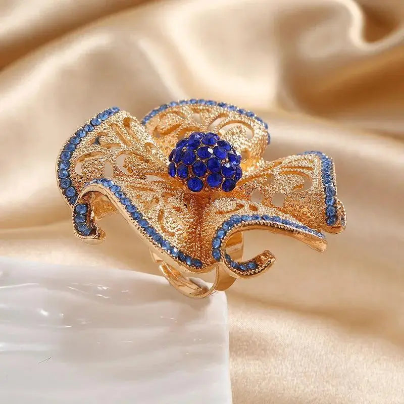 Luxury Flower Crystal Ring Women Gold Adjustable Statement Elegant