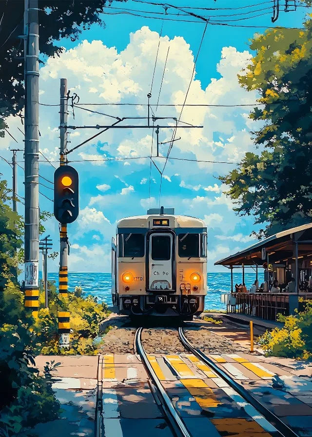Japanese Anime Landscape Canvas Print | Tram Train Ocean Wall Art Canvas Wall Art Print Peaceful Pleasures Health and Wellness 7 20x30cm Unframed