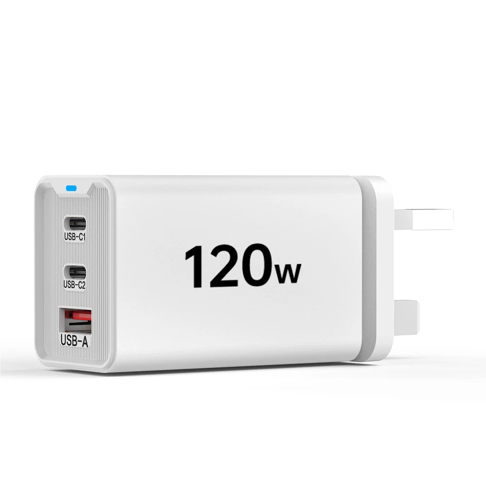 120W 3-Port USB-C Fast Charger PD3.0 QC3.0 Wall Adapter