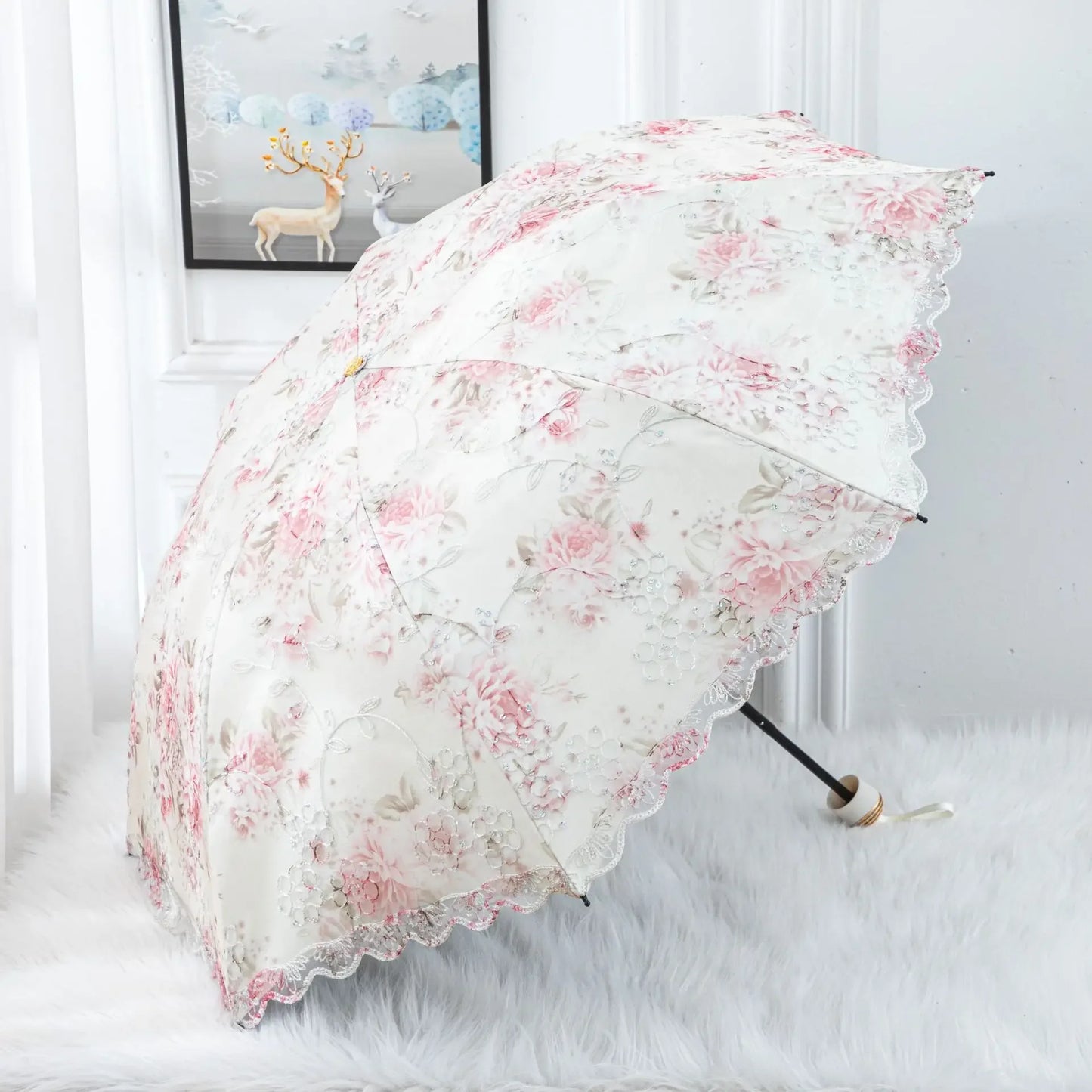 Double-layer Lace Umbrella Creative Embroidered Three-fold Princess Sunshade Umbrella Sun Protection Black Rubber Sun Umbrella Peaceful Pleasures Health and Wellness Pink 8K full-fiber