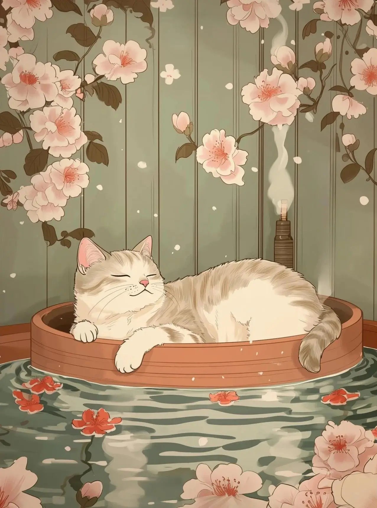 Japanese Cherry Blossom Cat Hot Spring Canvas Wall Art Print Canvas Wall Art Print Peaceful Pleasures Health and Wellness 18 20x30cm Unframed