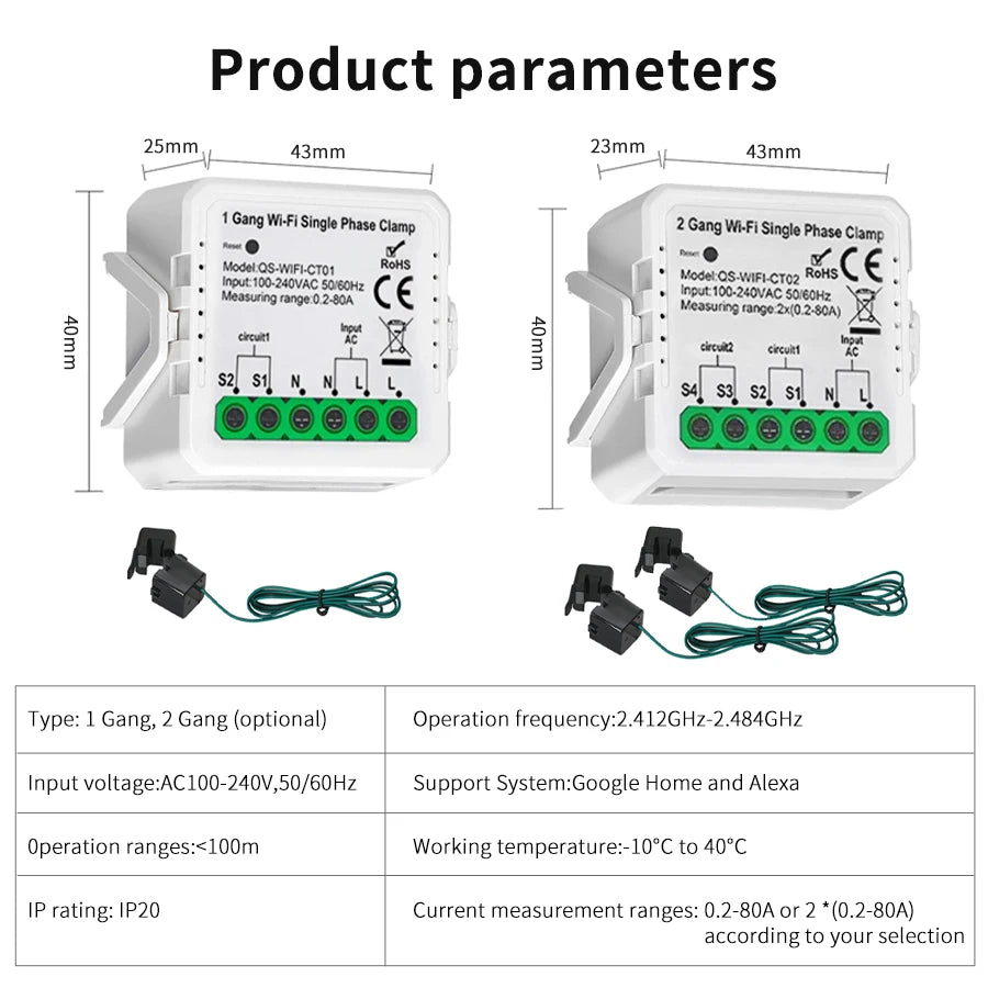 Tuya WiFi Digital Energy Smart Meter 1/2 CH 80A Current Transformer Clamp Solar PV System Power Production Consumption Monitor Peaceful Pleasures Health and Wellness