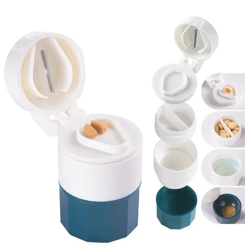 Medicine Splitter Box Storage Pill Crusher Multifunction Portable 4 Layer Powder Tablet Grinder Powder Pill Cutter Peaceful Pleasures Health and Wellness