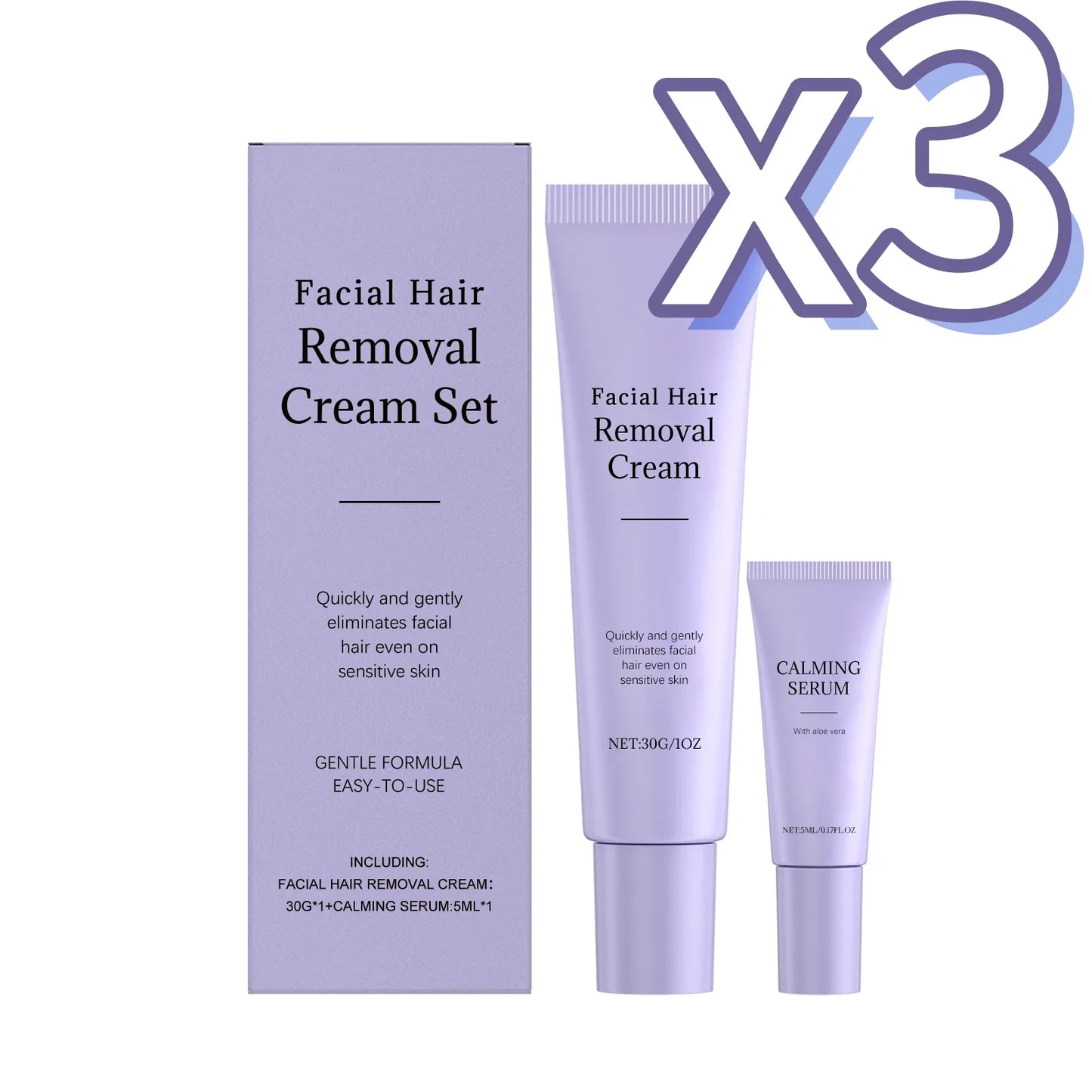 Painless Facial Hair Removal Cream & Calming Serum Kit