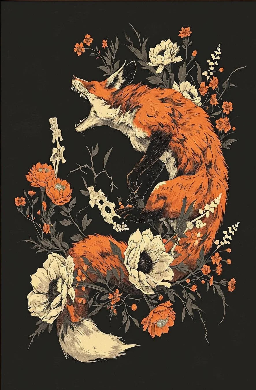 Horrible Floral Skeleton Animal Poster Gothic Bat Owl Rabbit Fox Canvas Painting Occult Wall Art Dark Academia Room Home Decor Peaceful Pleasures Health and Wellness