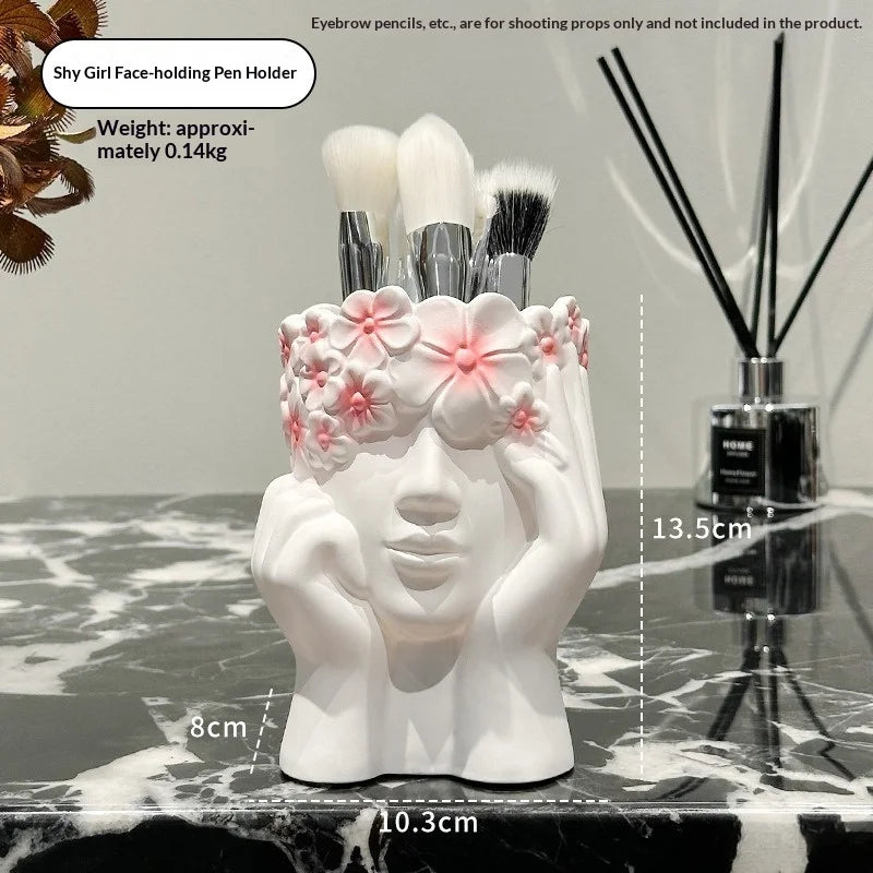 Nordic Style Face Holding Girl Makeup Brush Storage Cylinder Fashion Dresser Storage Tank Eyebrow Brush Eyeliner Pen Storage Box Peaceful Pleasures Health and Wellness C