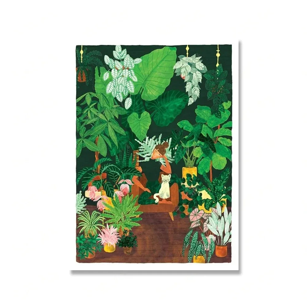 (1pc frameless)Green Botanical Porch Summer Shower Waterfall Wall Art Canvas Painting Nordic Poster Print Picture For Living Peaceful Pleasures Health and Wellness 2 20x30cm Unframed