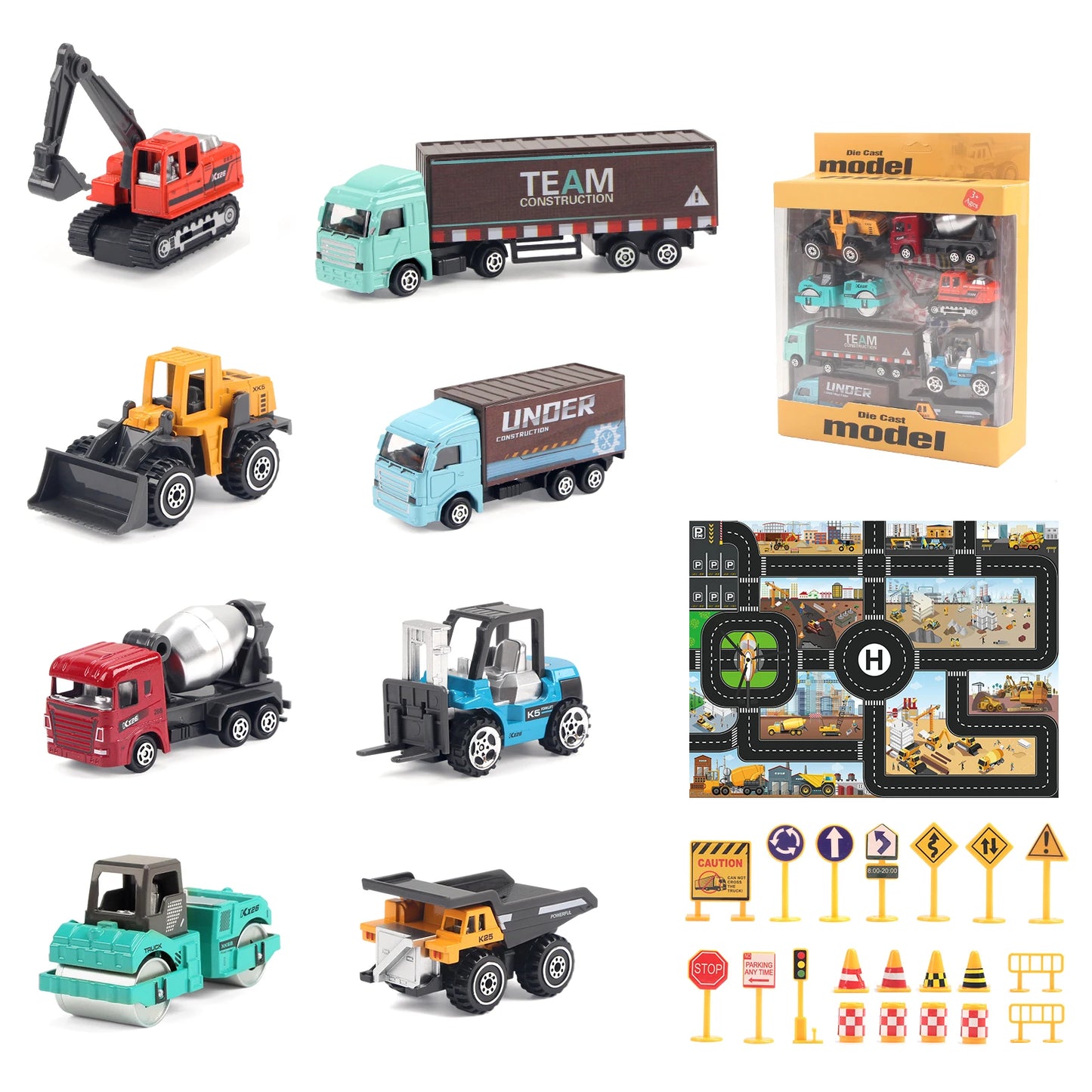 Alloy Engineering Truck Mat&road Sign Classic Construction Model