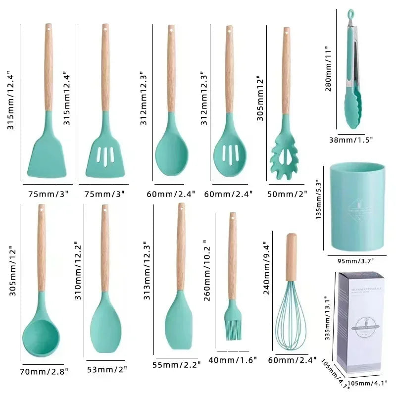 12Pcs Silicone Kitchen Cooking Utensils Set Wooden Handle Cooking Tool Non-stick Cookware Spatula Shovel Egg Kitchenware Beaters Peaceful Pleasures Health and Wellness