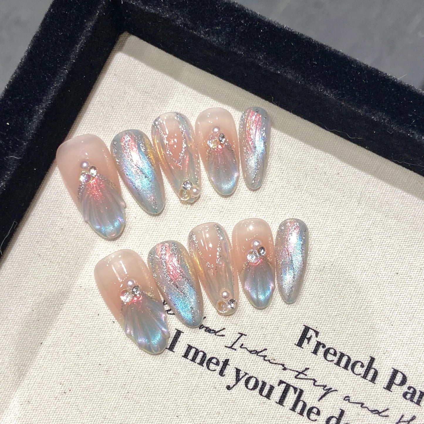 Handmade Press on Nails Orange Aurora Cat Eye Fake Nail Tips for Women Girl Wearable Detachable Shiny Mermaid Almond False Nails Peaceful Pleasures Health and Wellness S 1