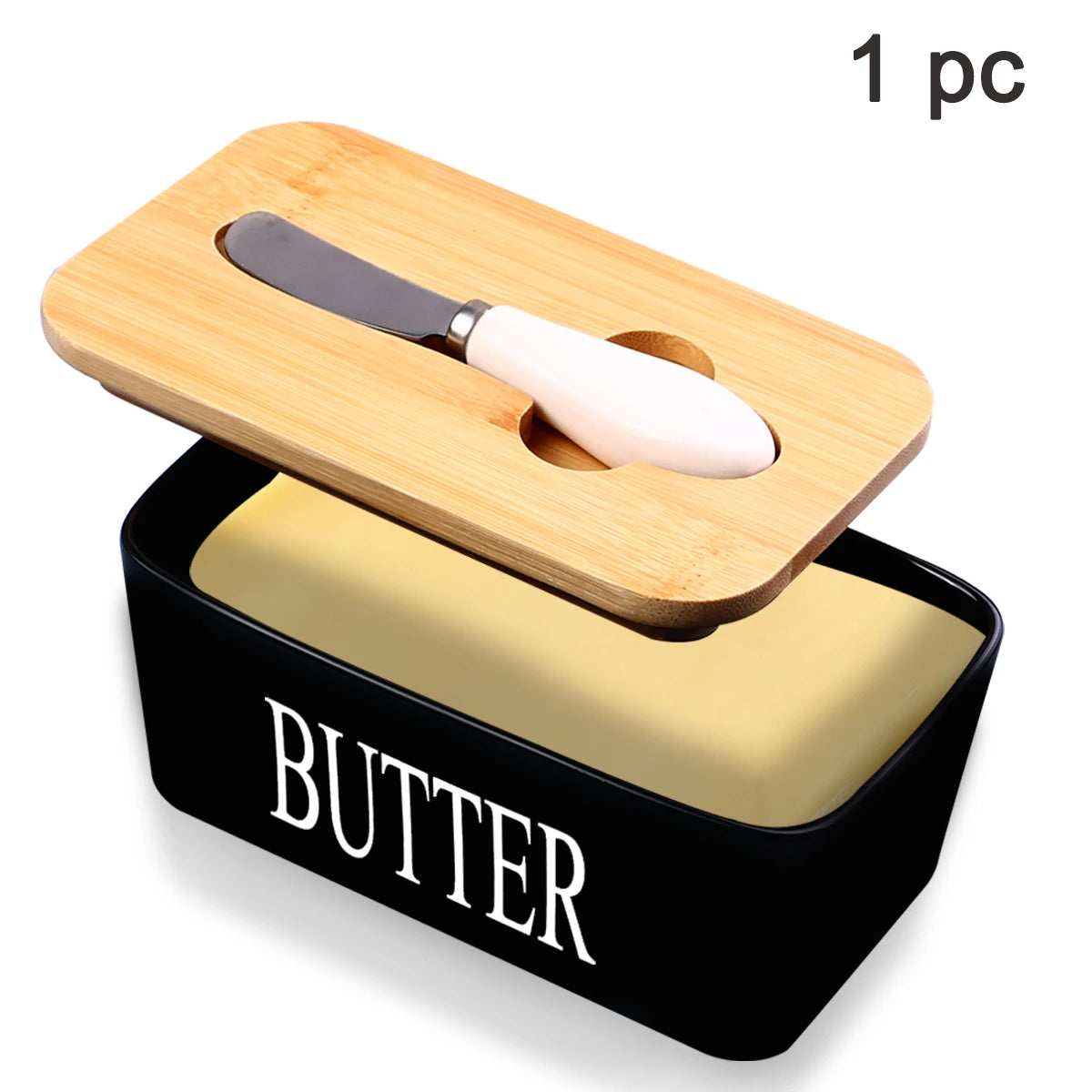 1 Set Of Ceramic Butter Dish With Bamboo Lid And Built-In Knife Butter Keeper With Double Silicone Sealing Ring Kitchen Peaceful Pleasures Health and Wellness Black United States