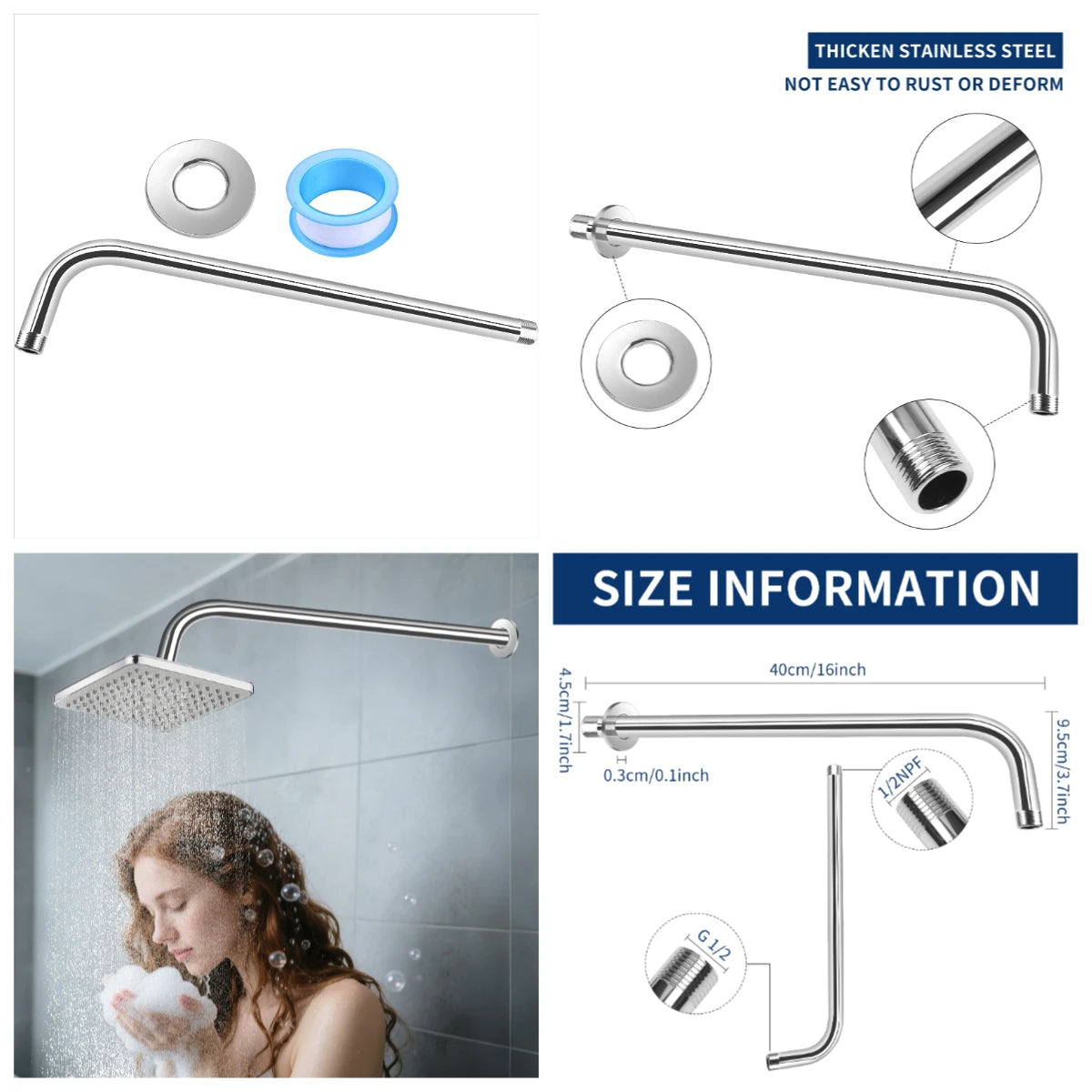 Wall-Mounted 304 Stainless Steel Shower Arm 30/40CM | Black & Silver